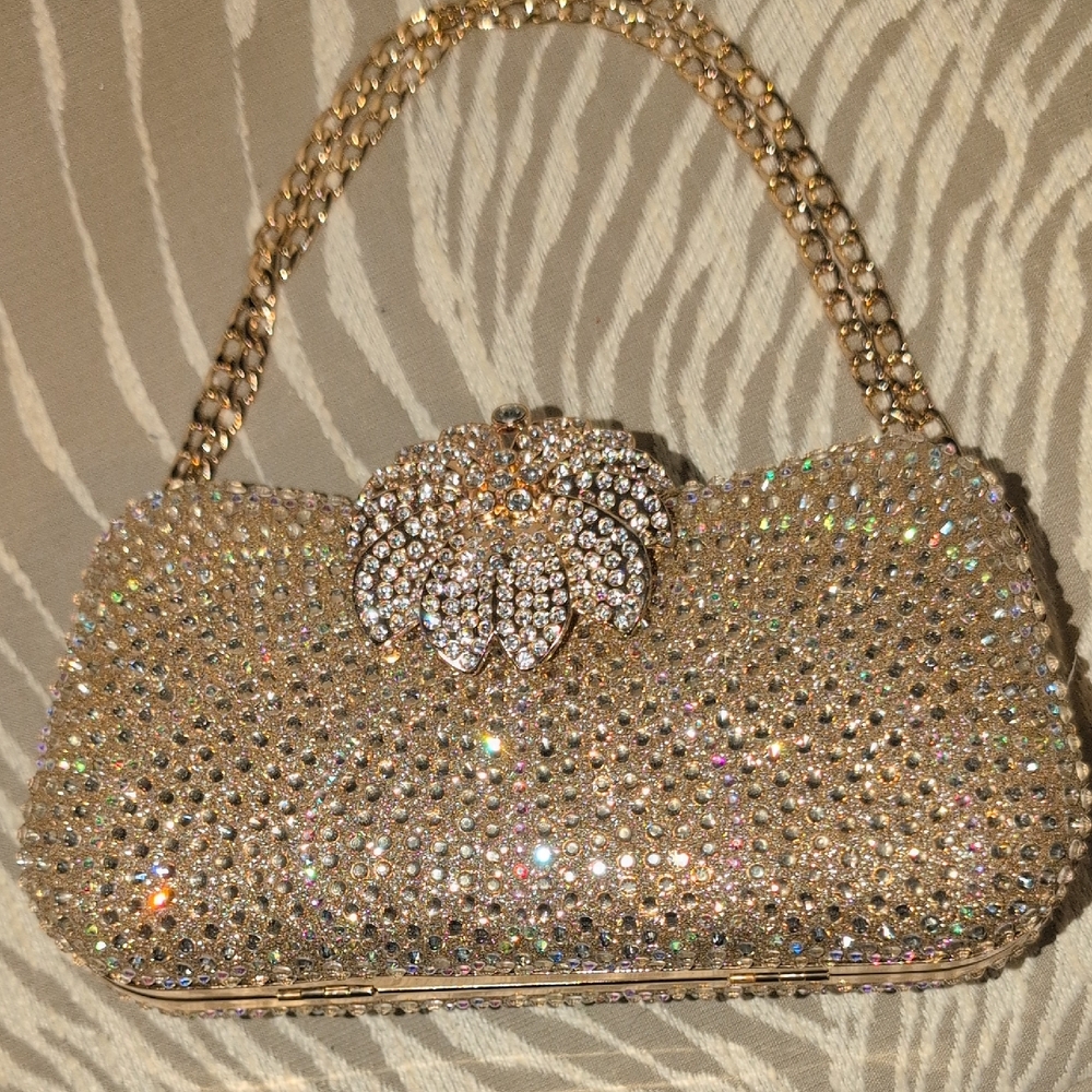 Dazzling Gold Rhinestone Evening Clutch / Shoulder Or Chain